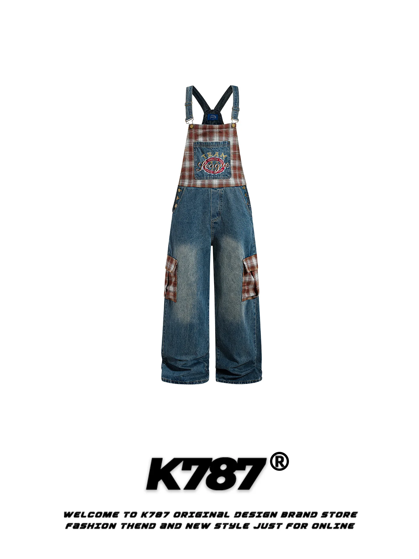 

K787 American Retro Plaid Splicing Denim Overalls Loose Slimming Casual Street Wide Leg Long Pants Men Women Casual Pants