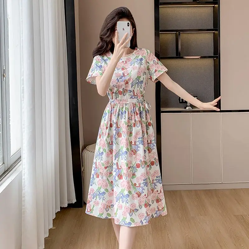Spring Pure Cotton Women's Mid Length Summer New Short Sleeved Small Floral Loose Slimming and Stylish Printing Dress