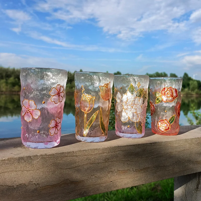 Japanese Gilded Hammered Crystal Glass Hand Painted Floral Pattern Exquisite Girlish Heart Cup High Grade Texture Drinking Glass