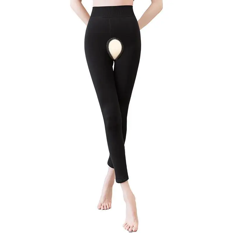 الدافئة مفتوحة المنشعب كابري السراويل النساء صوف مبطن الشتاء طماق 7 8 الحرارية التمهيد قطع الجوارب حجم كبير البقاء حتى الفخذ العليا الجوارب #6