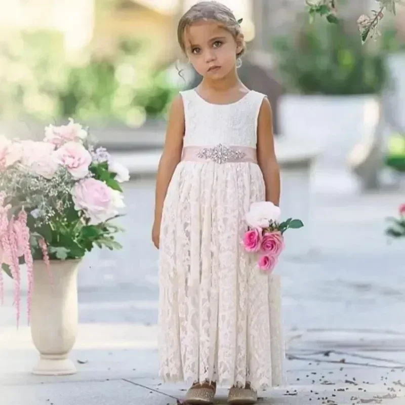 Flower Girl Dress Ivory Lace Backless Pink Belt Bow Baby Girl Birthday Party Wedding First Communion Holiday Dress