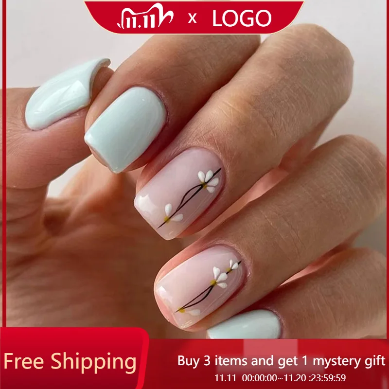 

24 шт./1 коробка, накладные ногти Faint, синий свежий цветок, летние евро, квадратные, средней длины, прессованные подушечки для ногтей, многоразовые липкие ряды, накладные ногти