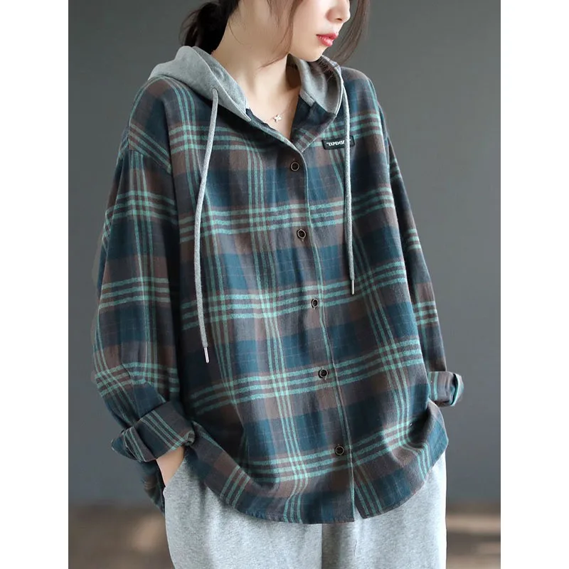 Women\'s Clothing 2023 Autumn and Winter New Splice Buttons Drawstring Long Sleeved Plaid Commuting Versatile Temperament Hoodie