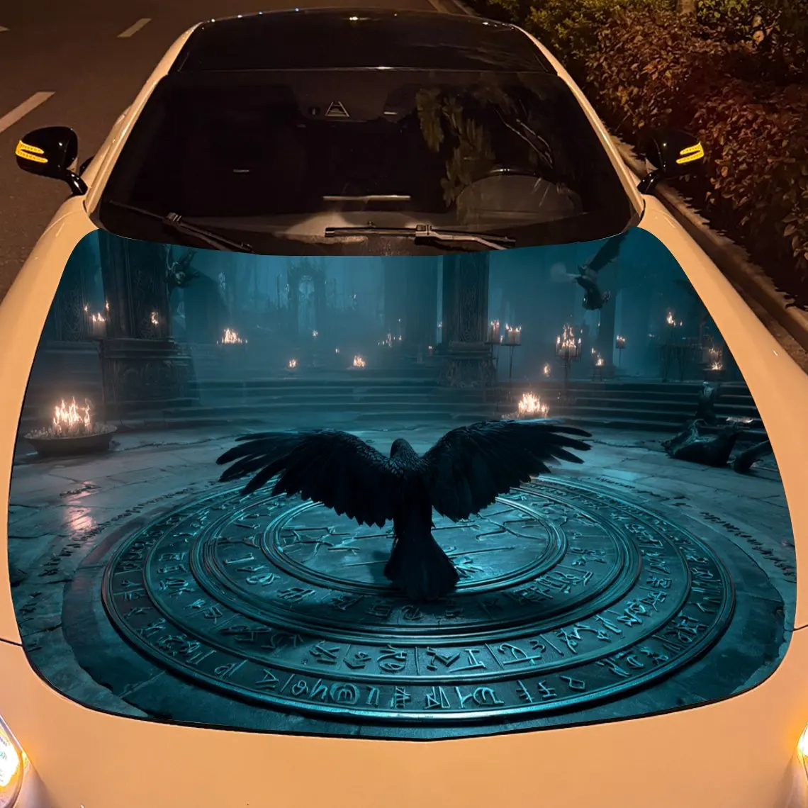 غلاف فينيل للسيارة من Nether Domain Black Raven and Rune Array، ملصق غطاء السيارة المقاوم للماء من مادة PVC، مقاوم للخدش ذاتي اللصق
