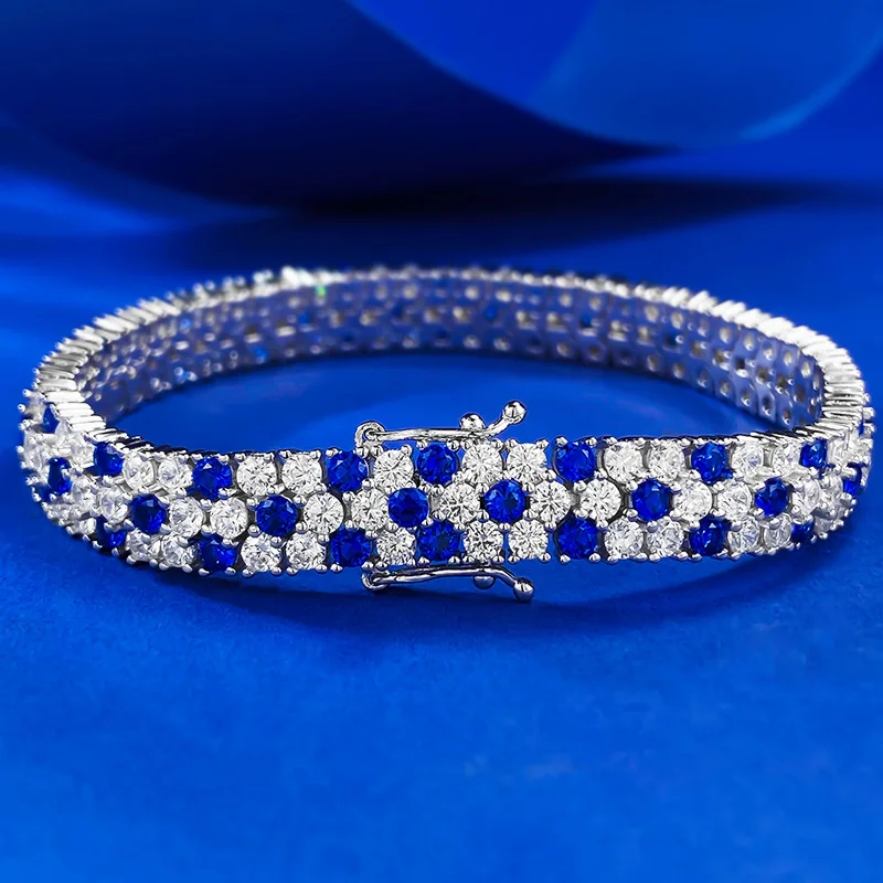 2024 New S925 Pure Silver Bracelet with Royal Blue Full Diamond Bracelet, Fashionable and Elegant Instagram Style