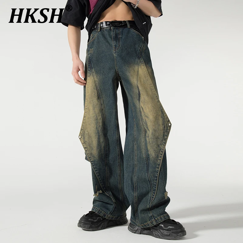 

HKSH 2024 Spring Summer New American High Street Washing Trendy Brand Wide Leg Jeans Men's Tide Punk Pleated Denim Pants HK0886