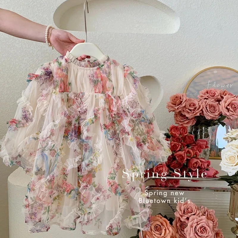 New Spring Autumn Dress O-neck Long Puff Sleeves Mesh Loose Floral Appliques Princess Dresses Children  Casual Dresses H3100