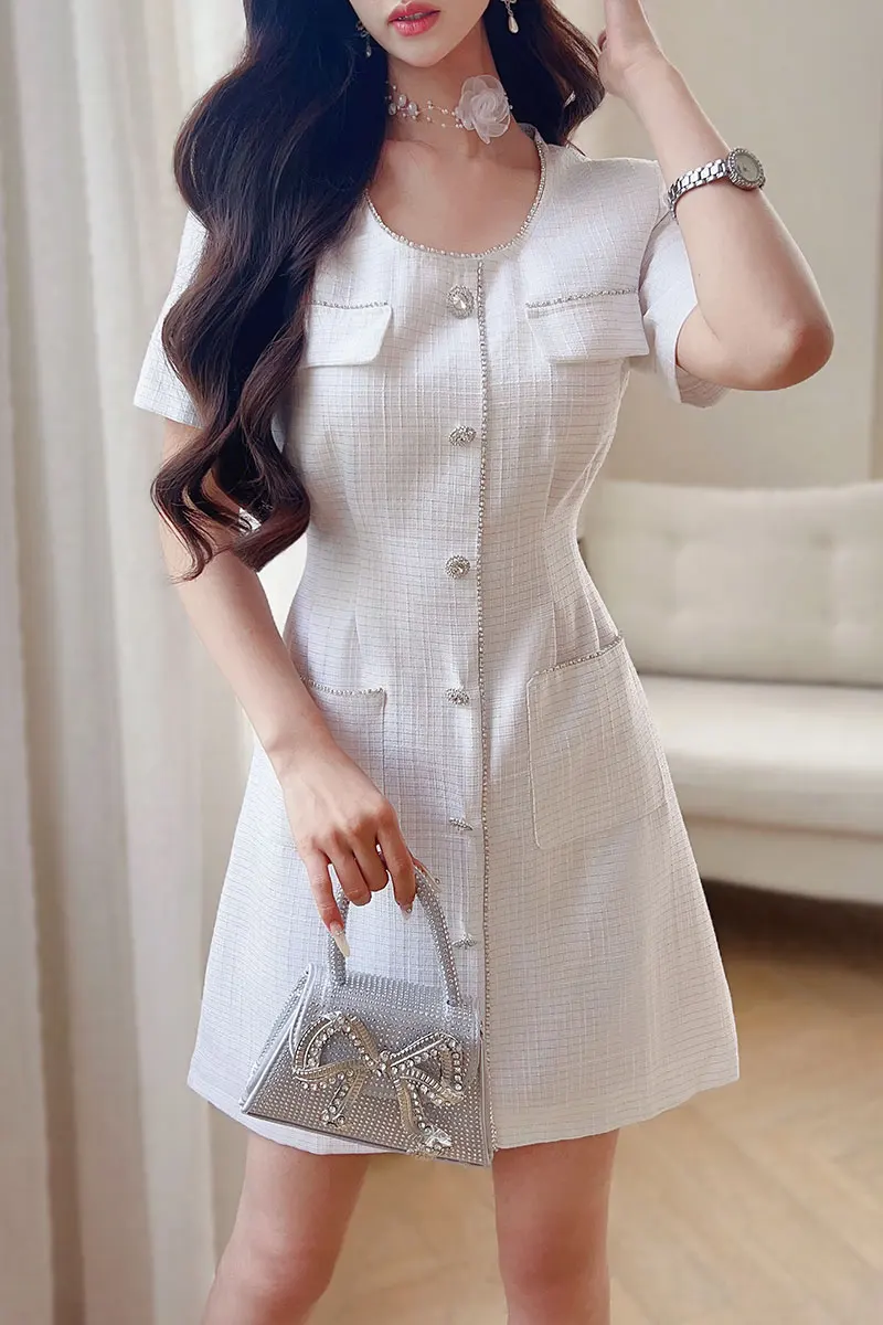 

Summer Solid Dress Women's Dress Diamonds Light Weight Fancy Suiting Dress Knee-Length Skirt Y2K 2025 New DABUWAWA DA1BDR093