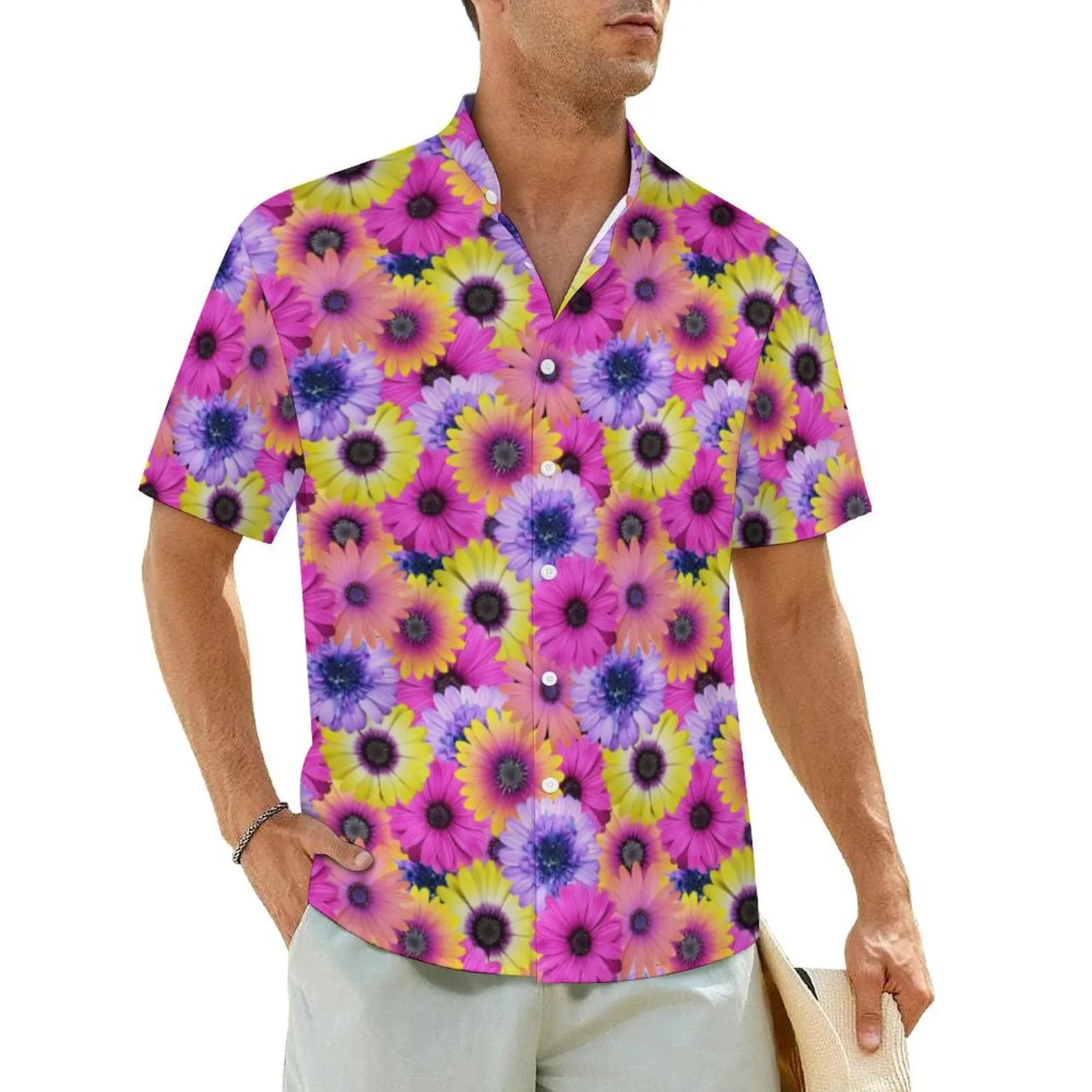 

African Daisy Beach Shirt Pink Purple Floral Hawaiian Casual Shirts Men Cool Blouses Short-Sleeve Streetwear Pattern Clothing