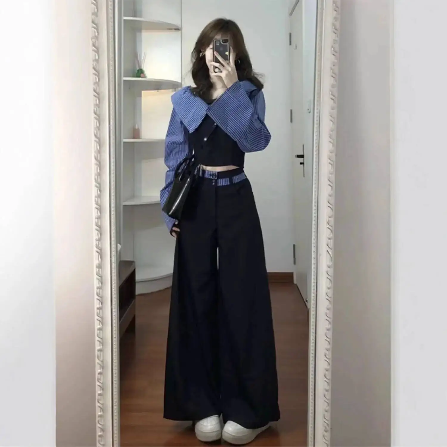 2026 봄 여성 투피스 세트 긴 소매 큰 칼라 셔츠 하이웨이스트 와이드 레그 팬츠 디자인 니치 시크 우아한 의상