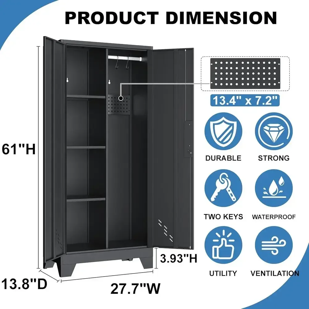 Heavy-Duty 61 Metal Outdoor Storage Cabinet with Ventilation, Lockable, Pegboard Hooks, Ideal for Garage, Garden & Patio, Easy A