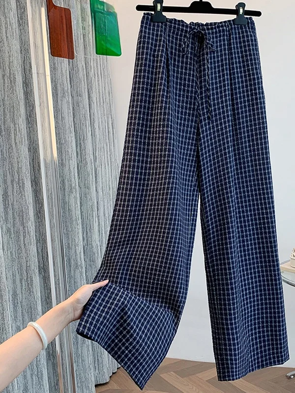

Широкие брюки в клетку в стиле ретро, женские осенние повседневные свободные брюки с высокой талией и завязками для похудения, прямые длинные брюки