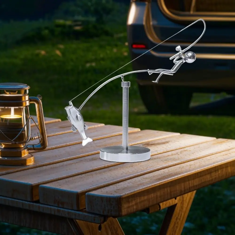 Handmade Kinetic Fishing Sculpture Metal Desk Ornament The Fisherman Balancing Sculpture Gift Kinetic Balance Art Statue