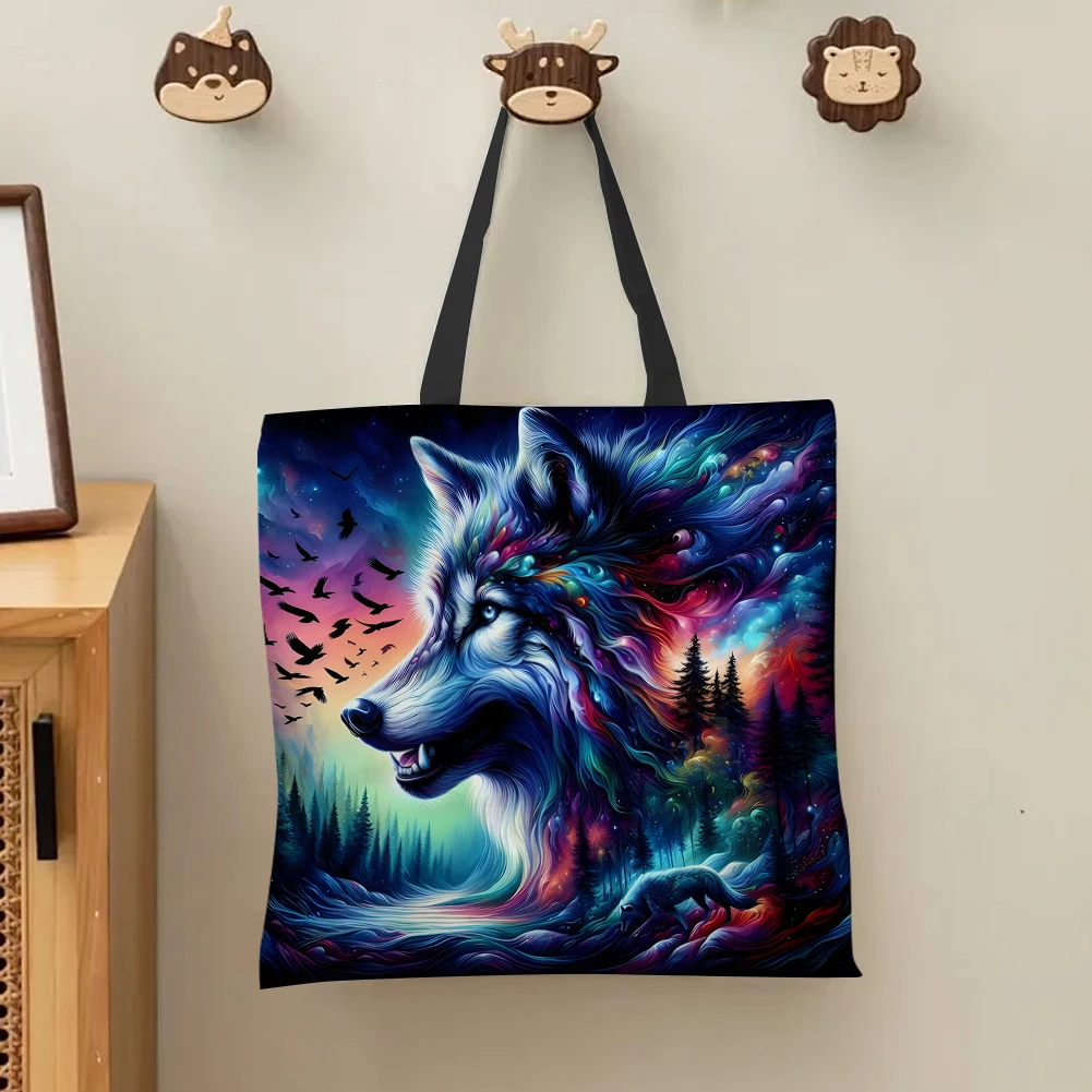 

4 шт., льняная большая сумка с волком, большая вместительная женская сумка на плечо для покупок