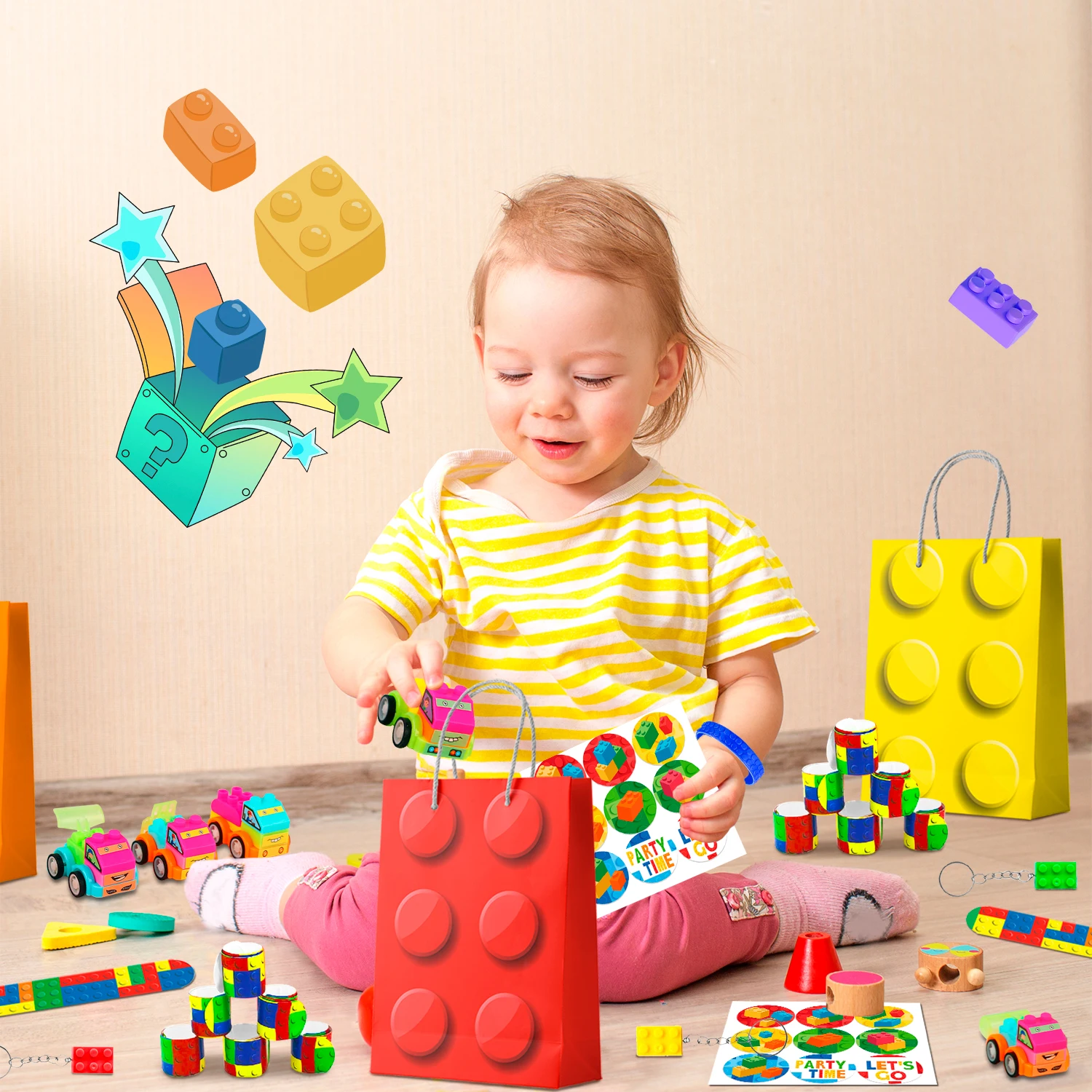Building Block Birthday Party Favors,62 Pcs Building Blocks Favors Set- Favor Bags,Birthday Party Keychains Slap Bracelets etc