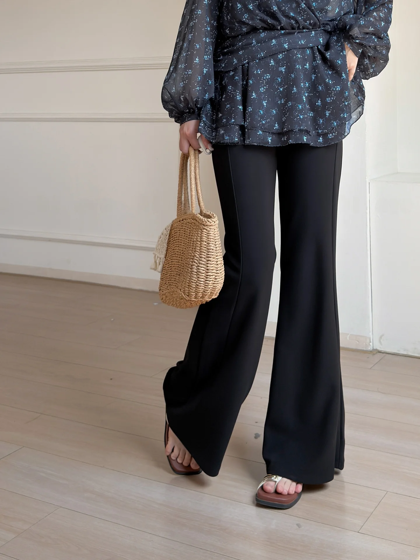

High Waist Black Suit Pants Women's Spring Summer Casual Trousers Flared Elastic Slimming Floor-Length Casual Bell Pants