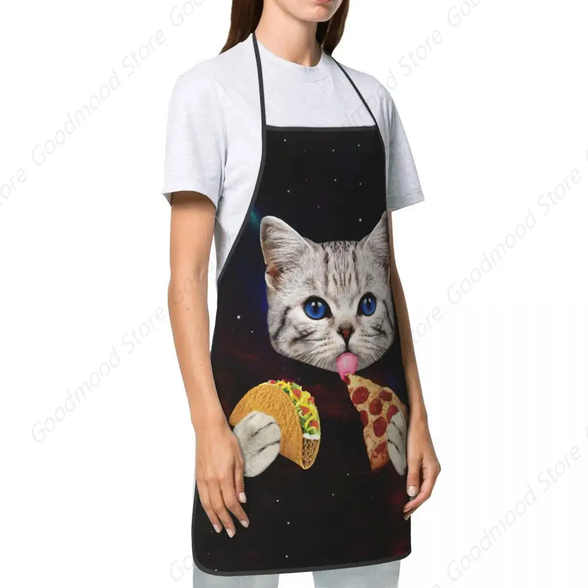 Starry Cat Eat Pizza Funny Apron Women Men Galaxy Kitten Adult Unisex Kitchen Chef Cuisine Cooking Baking Gardening