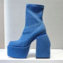 Breathable Blue Denim Stretch Woman Ankle Boots Square High Heel With Platform Female Slip On Round Toe High Top Boots Shoes