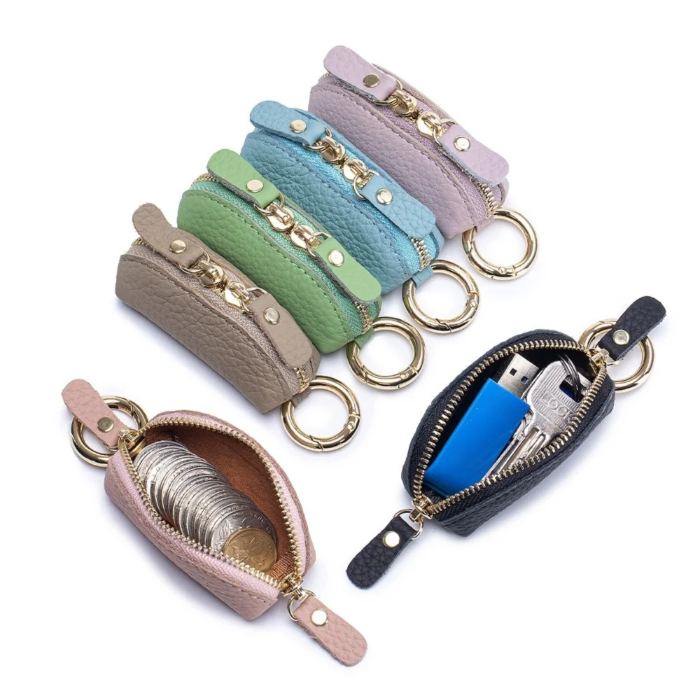 New Solid Color Coin Purse PU Leather Double-Headed Zipper Small Change Pouch with Hanging Buckle Portable Mini Storage Bag