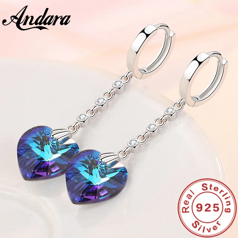 925 Sterling Silver Earrings Heart-Shaped Blue Crystal  Zircon Long Earrings For Women\'S Wedding Fashion Jewelry Gifts