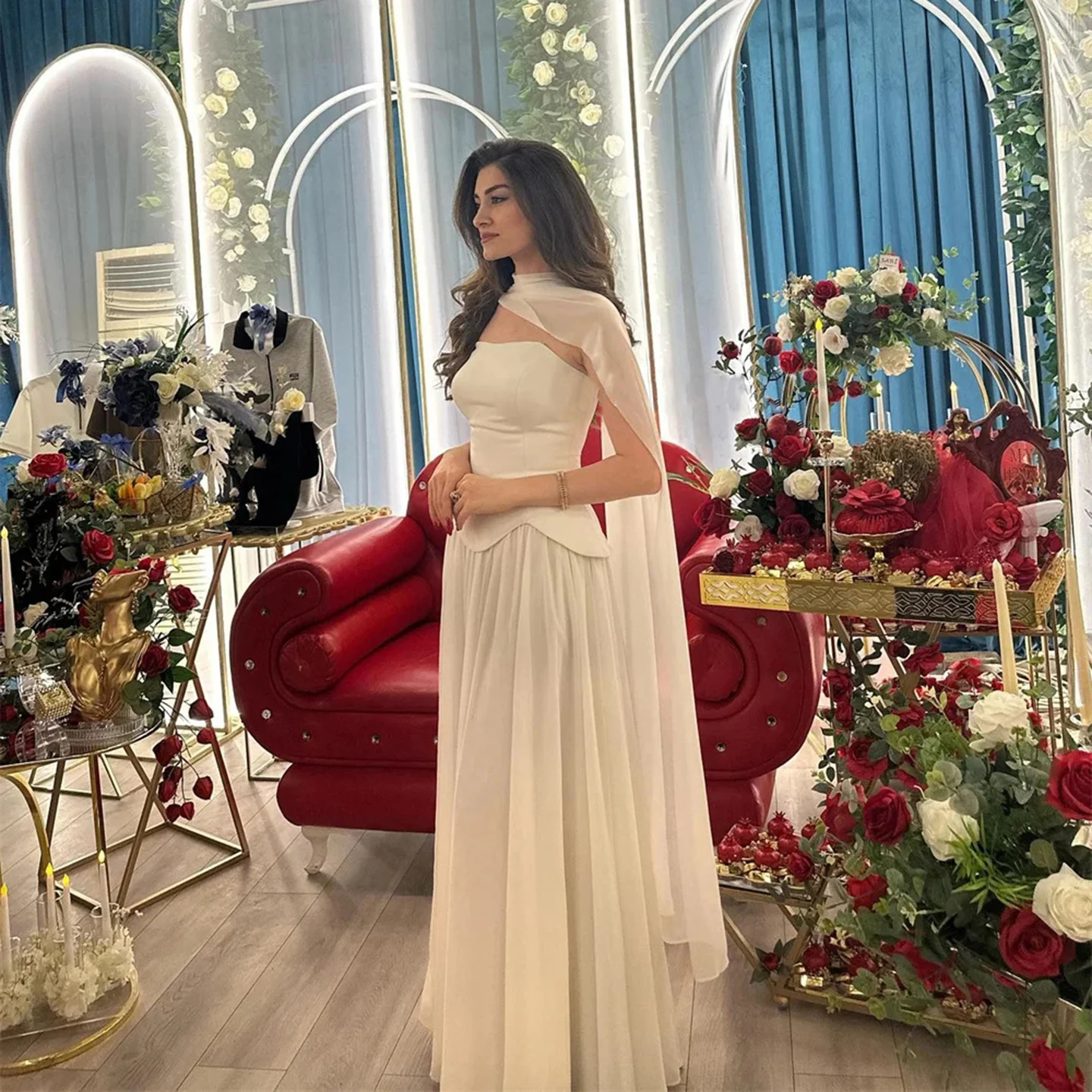 فستان سهرة نسائي أبيض كريمي مع رقبة مربعة بدون أكمام، فستان شفاف للحفلات الراقصة، فستان رسمي أنيق ورومانسي #4