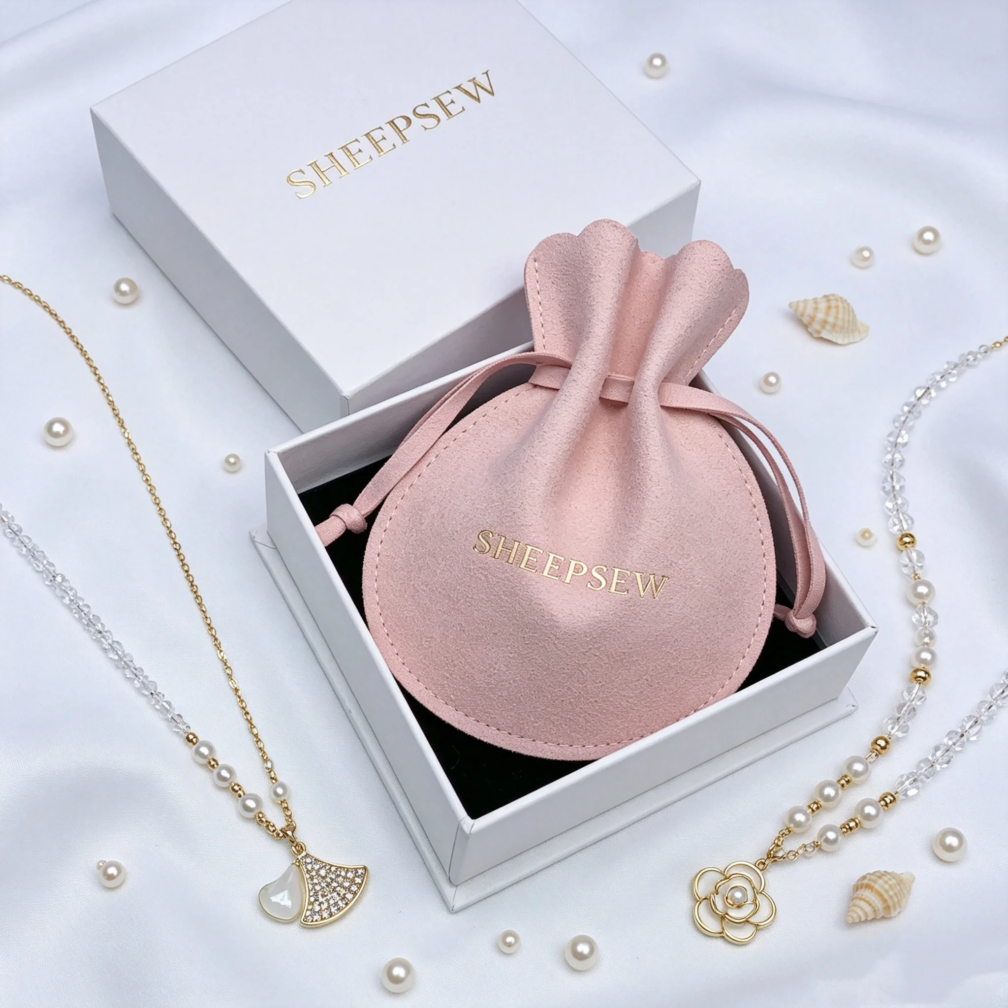 SheepSew Elegant Pink Round Microfiber Suede Drawstring Jewelry Bag Custom Deboss Emboss Logo Birthday Wedding Gift Bag For Pear