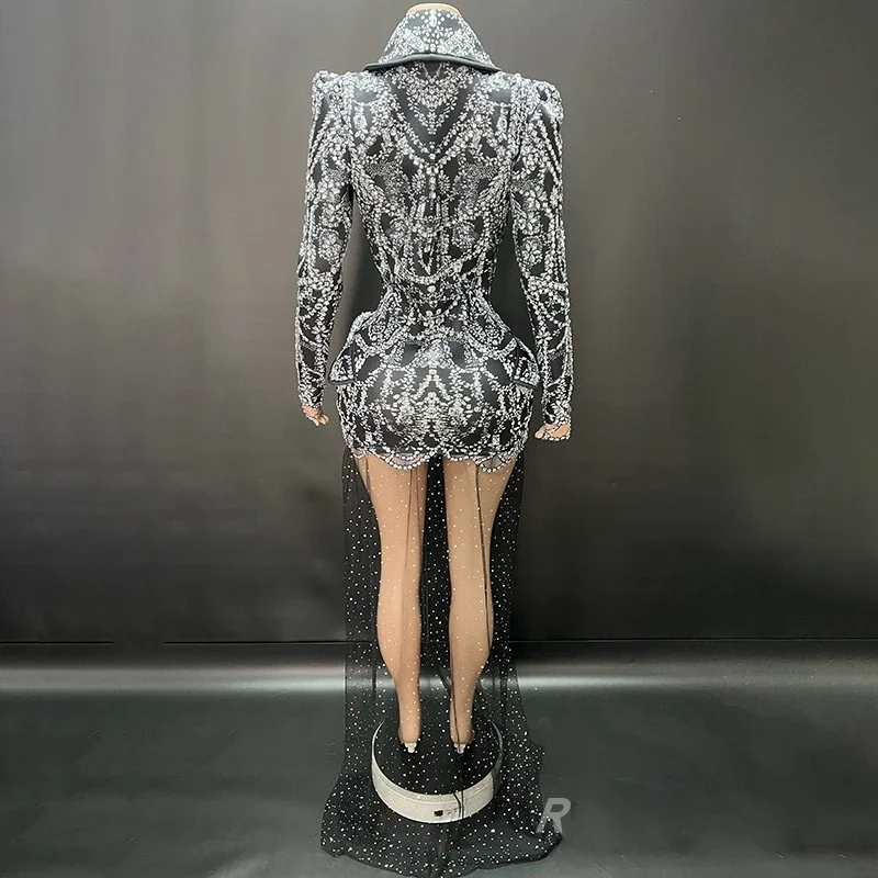 2025 Prom Party Dresss Black Rhinestone Long Dresses Women Stage Costume Nightclub Gogo Dancer Clothing Festival Rave Clothing