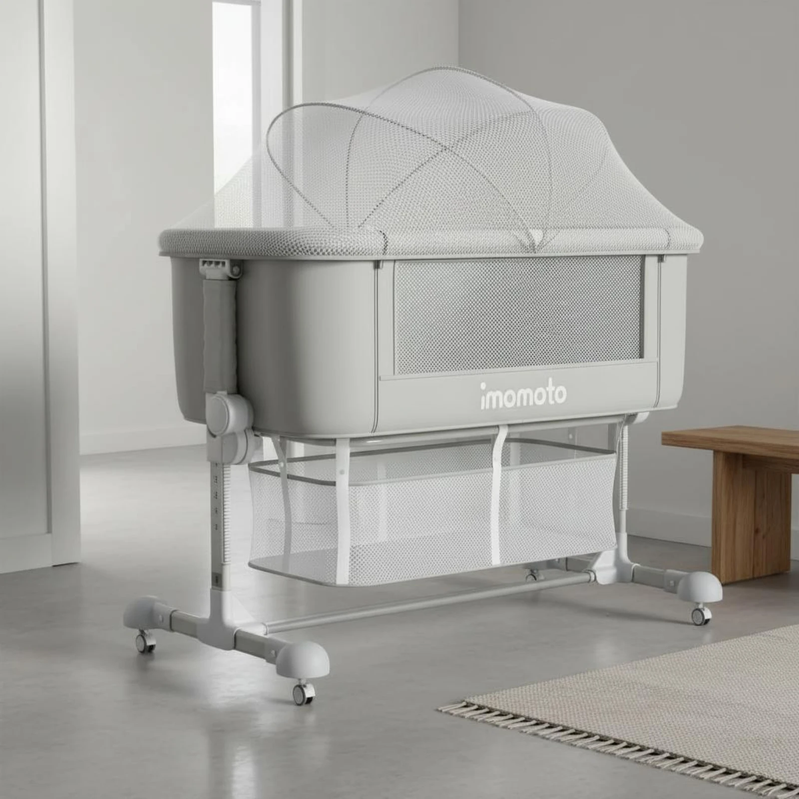 Adjustable Height Crib Foldable Portable Baby Crib Bedside Sleeper Mesh Edge Baby Bassinet Easy to Clean for Infants