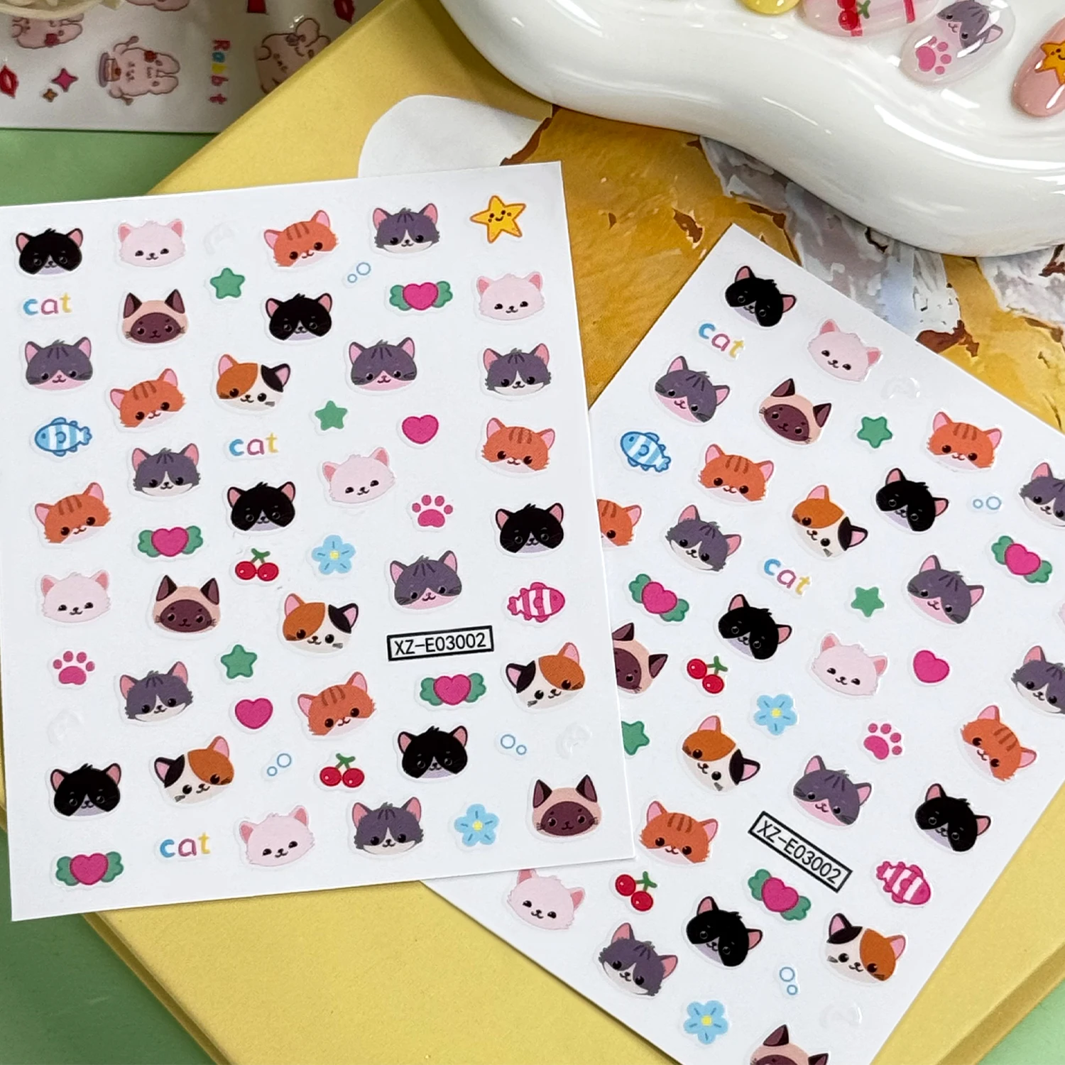 1/2 Stück 5D Niedliche Katzen-Nagelkunst-Aufkleber Mehrfarbige Kätzchenpfoten Stern Blumen Selbstklebende Nagelsticker Tier-Maniküre-Dekorationen – Detail 6