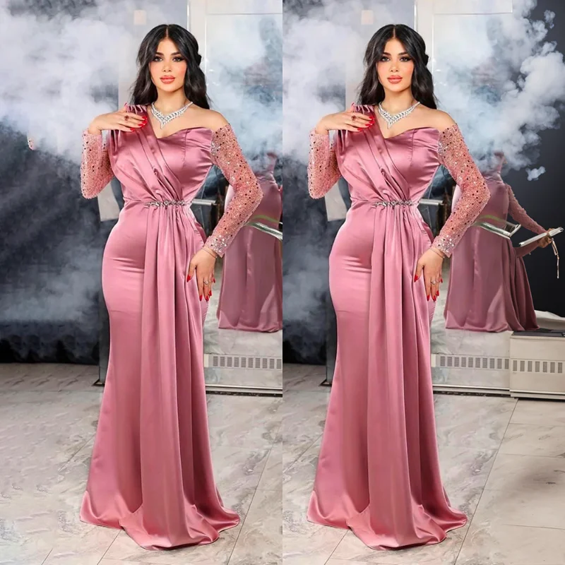 Robe de soirée en dentelle pour femmes, grande taille, couture élégante, plis, Slim, demoiselle d'honneur, traînante, Banquet, asymétrique épaule dénudée, robes longues pour dames