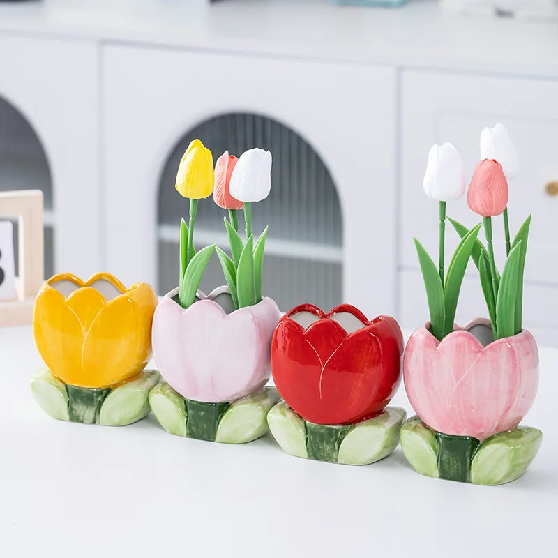 Creative Painted Flower Ceramic Vase Tabletop Pencil Holder Storage Container Plant Pot Flower Pot Tabletops Living Room Decor