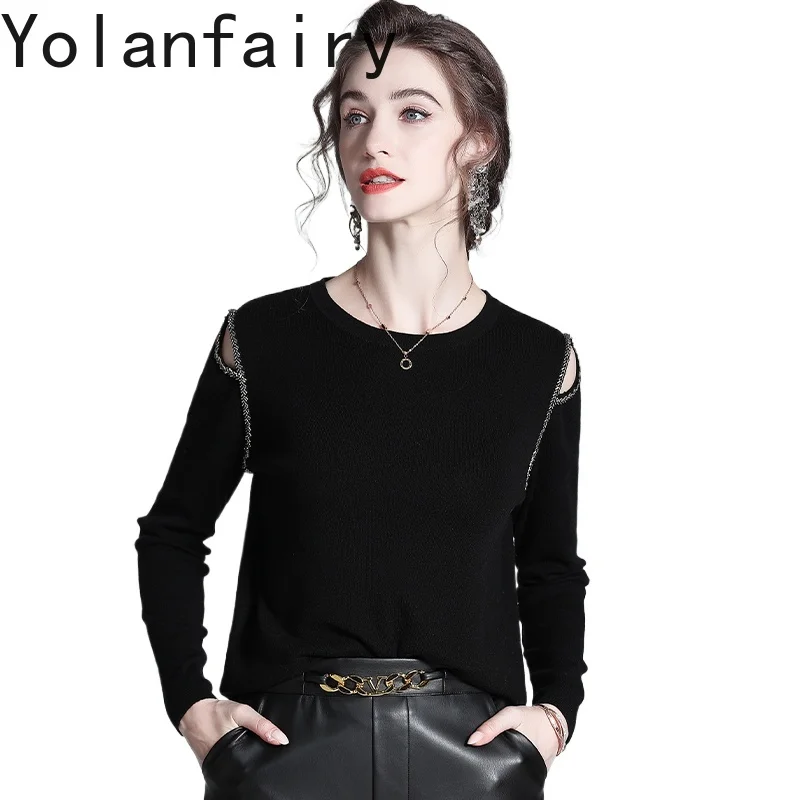 YOLANFAIRY Black Wool Sweaters Chic Off Shoulder Sweater for Woman Autumn Winter Korean Beading Pullovers Long Sleeve Tops Women