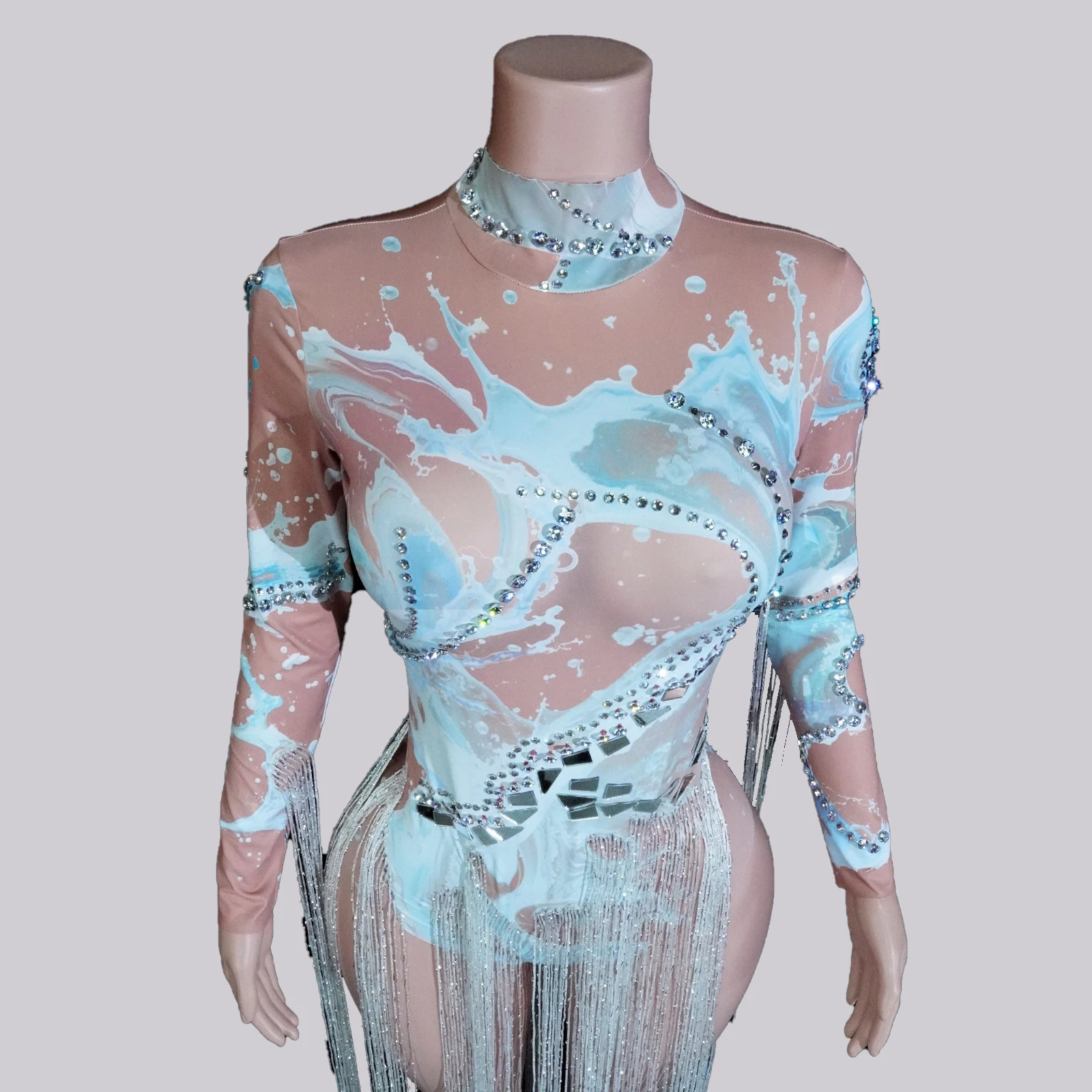 

Drag Queen Costume White Print Tassels Rhinestone Bodysuit Stage Outfit Woman Performance Dance Showgirl Singer Bar NightClub DJ