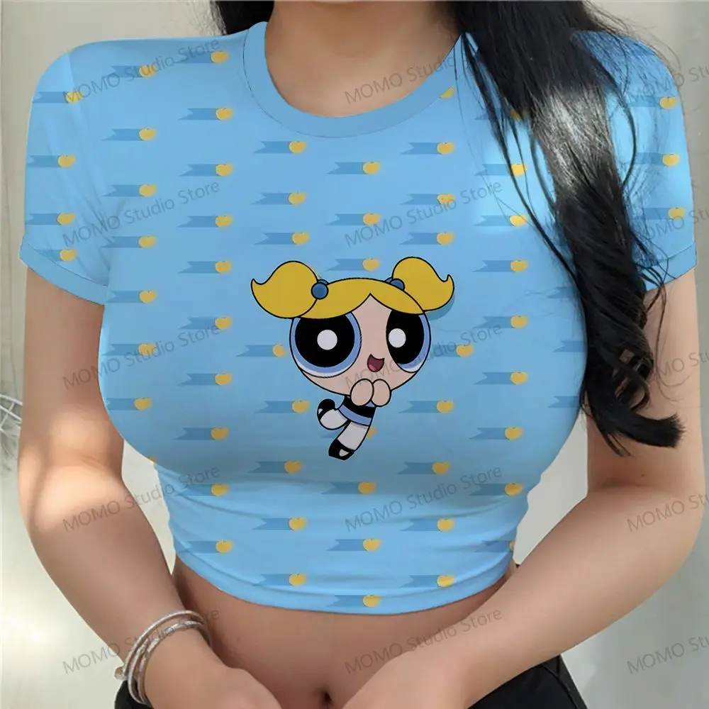 Tshirt Women\'s T-Shirt The Powerpuff Girls Crop Top Clothing 2024 Y2k XS-3XL Woman Clothes Short Sleeve Tops Leisure Kawaii Cute