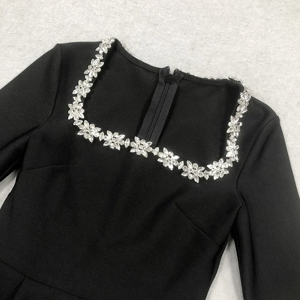 Sexy Square Collar Crystal A-Line Mini Bandage Dresses for Women Black Long Sleeve Diamonds Slim Evening Party Club Runway Gowns