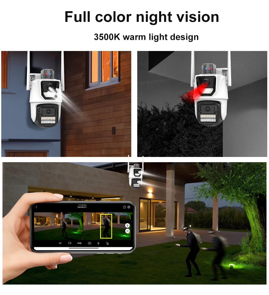 Uzoom 6K Wifi Telecamera di sicurezza esterna Tripla lente PTZ Doppio schermo Video sorveglianza impermeabile con allarme luminoso Telecamera IP