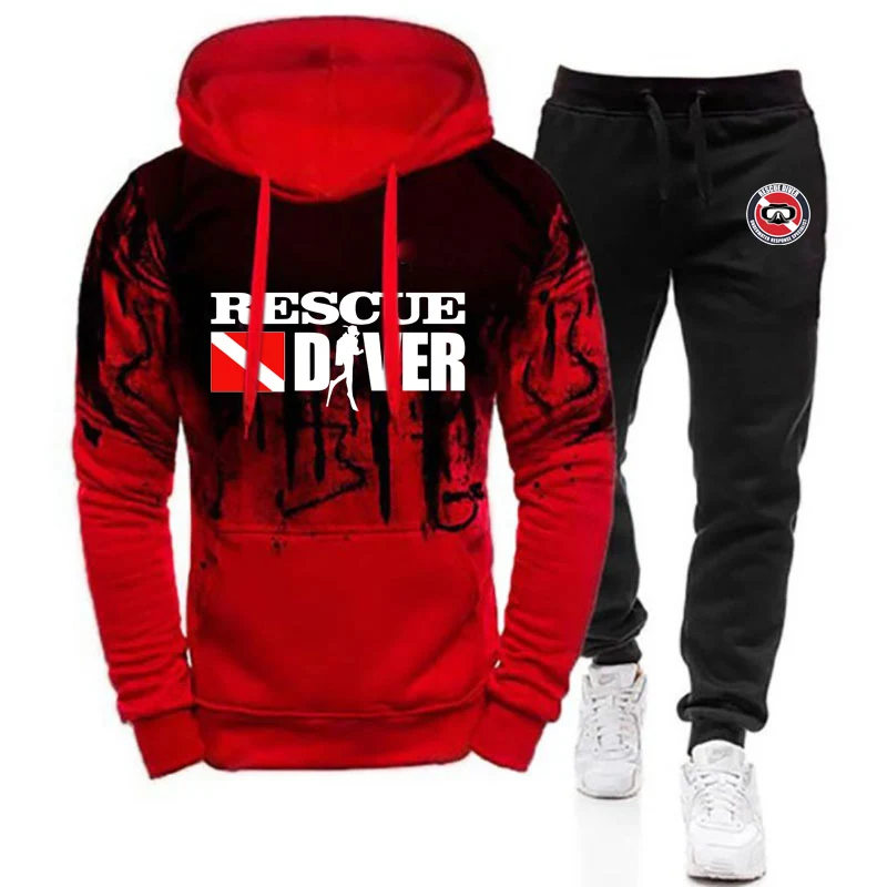 2025 Rescue Diver Spring Autumn Men's New Gradient Color Set Scuba Diving Casual Long Sleeves Hoodie+Sports Pants Suit