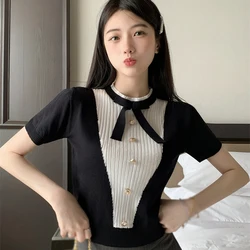 Summer Round Neck Bowknot Fashion Temperament Short Sleeve Sweet Short Knit Pullover Top Black