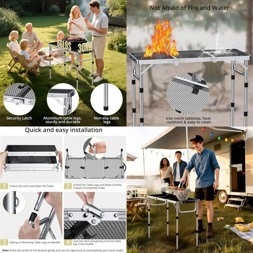 

Portable 3-Tier Grill Table with Storage Bag, Adjustable Height, Heat Resistant, Lightweight, Ideal for Camping and Travel, 35 x