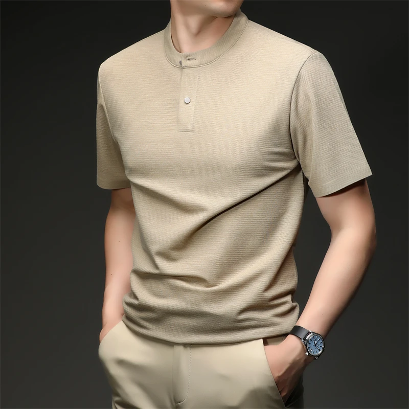 2026 New Men's Single Button Henley Neck Tee Comfortable Textured Fabric Short Sleeve For Casual And Business