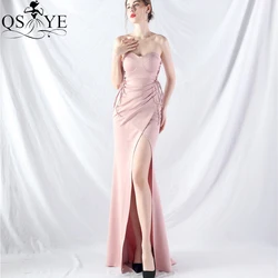 QSYYE Long Pale Mauve Prom Dress 2024 Elastic Tie up Waist Sides Evening Dresses Pink Off Shoulder Sexy Slit Party Formal Gown