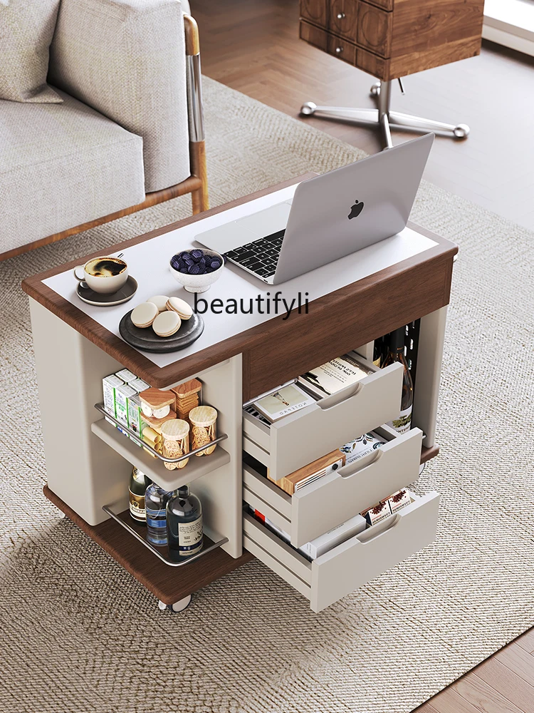 Movable Small Coffee Table Modern Simple Sofa Side Table Trolley with Wheels Small Apartment Living Room Adjustable Folding