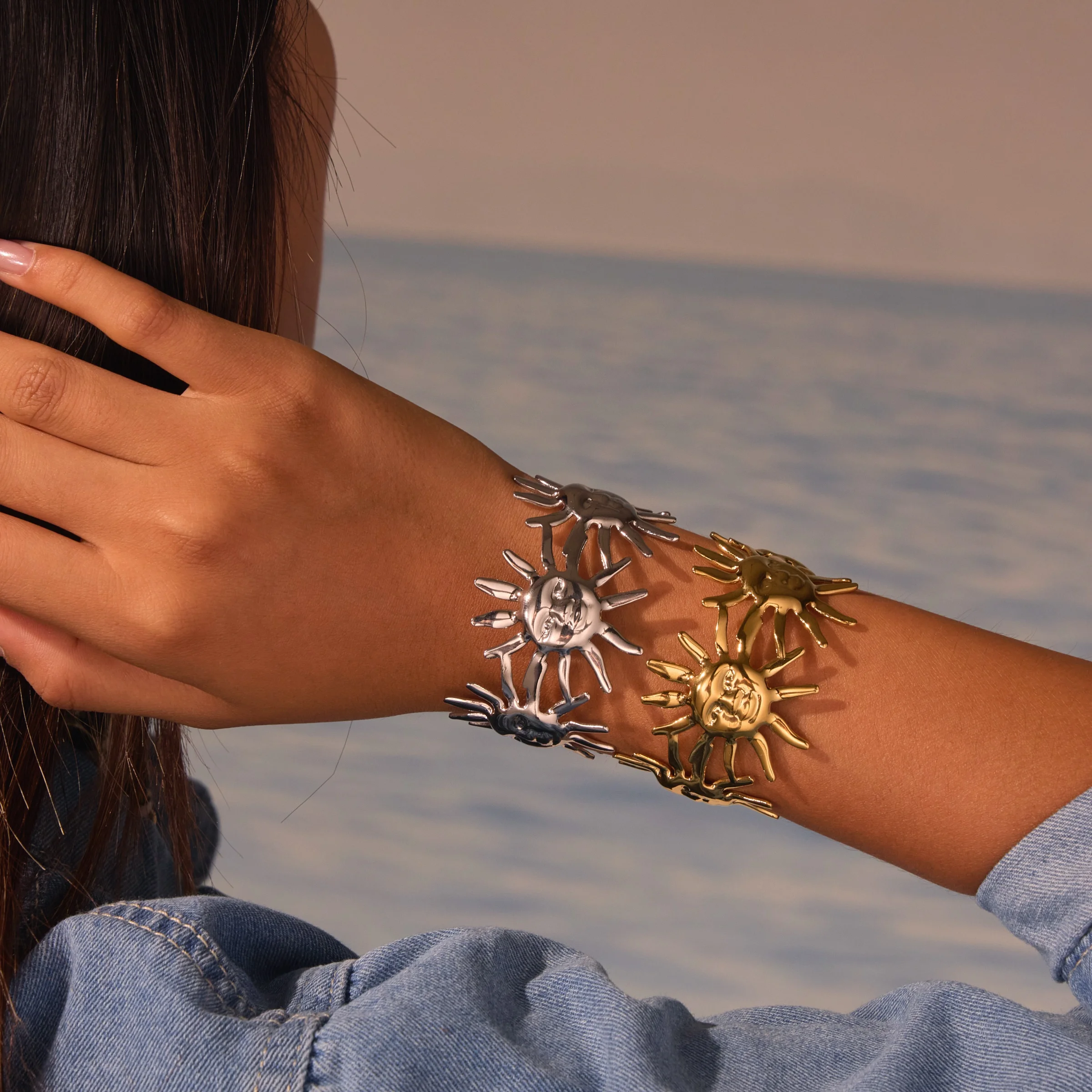 NIMAI Ocean Jewelry Design Freedom Sun Flower الفولاذ المقاوم للصدأ الذهب والفضة مقاوم للماء الإسورة الكفة سوار لقضاء عطلة #2