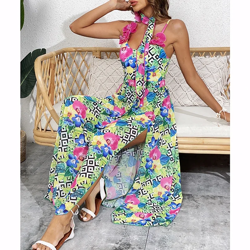 FLAXMAKER 3D Orchid One Piece Swimsuit With Neck Scarf and Sarong Summer Swimwear Women Beachwear