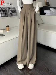 Calças largas femininas largas largas, calça reta casual elástica de cintura alta, design chique, moda coreana, calças de café soltas
