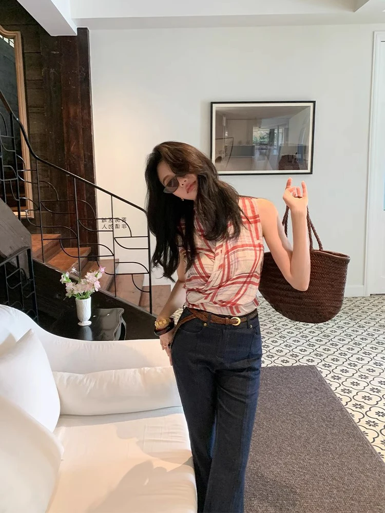 

Женская летняя новинка: приталенная шифоновая рубашка в клетку с V-образным вырезом, без рукавов, с поясом на талии, топ-жилет без бретелек, верхняя одежда