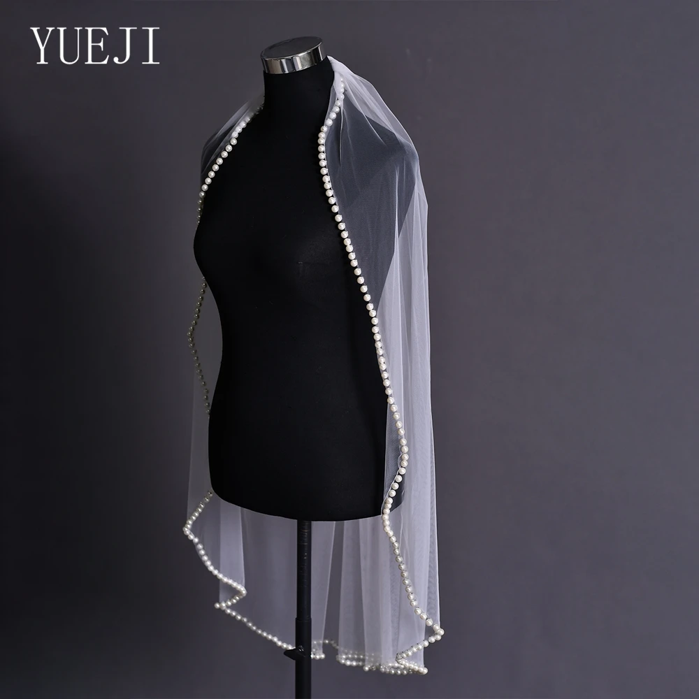 YUEJI Velo De Novia, Elegante Velo De Novia con borde De perla simple, punta única, mantilla YJ93