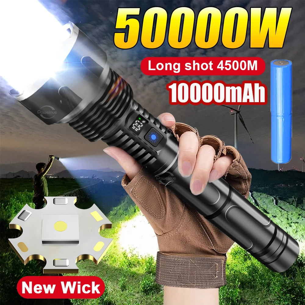 

2025 Высокопрочный мощный светодиодный фонарик 50000 Вт дальнего действия 4500 м USB перезаряжаемый водонепроницаемый фонарик для рыбалки и кемпинга