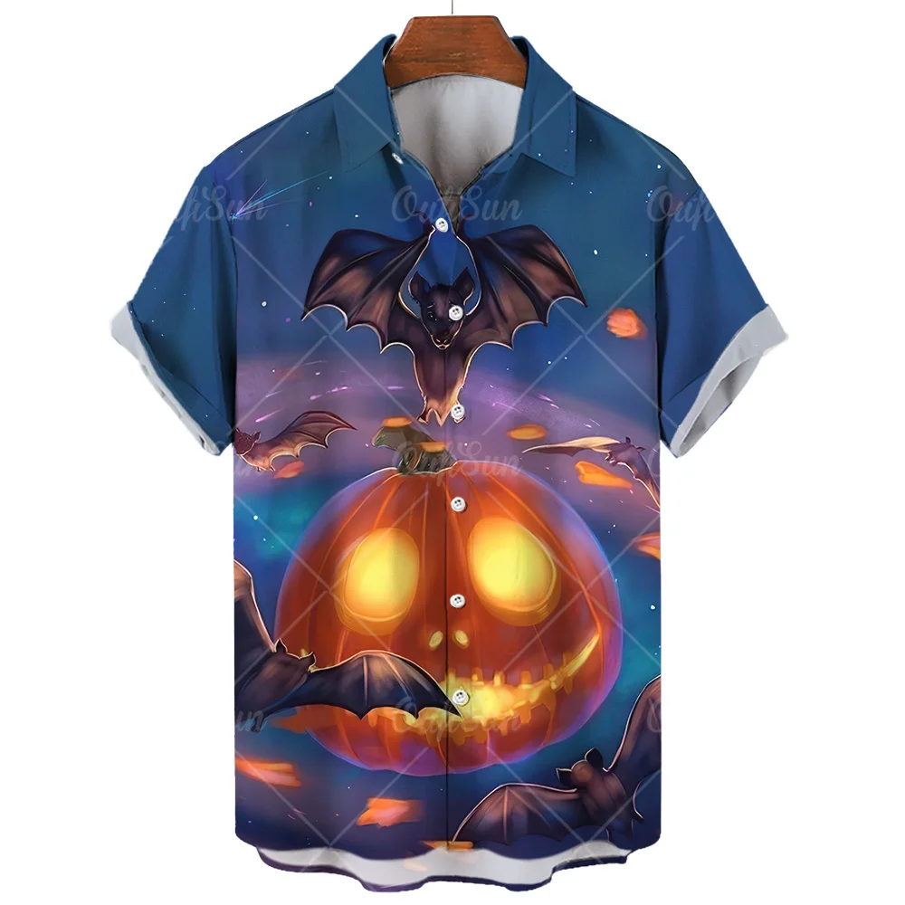 Halloween Shirt For Men Fashion Short Sleeve Tops Little Devil Print Hawaiian Shirts Casual Beach Travel Oversized Men\'s Clothes