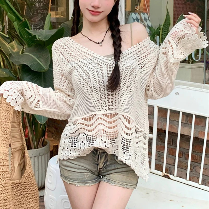 Sheer Crochet Top V-Neck Long Sleeve Open-knit Embroidery Blouse Women Summer Boho Vacation Beach Outfit